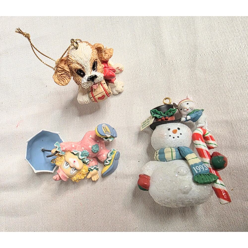 Set of 3 Vintage Ceramic Christmas Tree Ornaments Snowman Puppy Clown